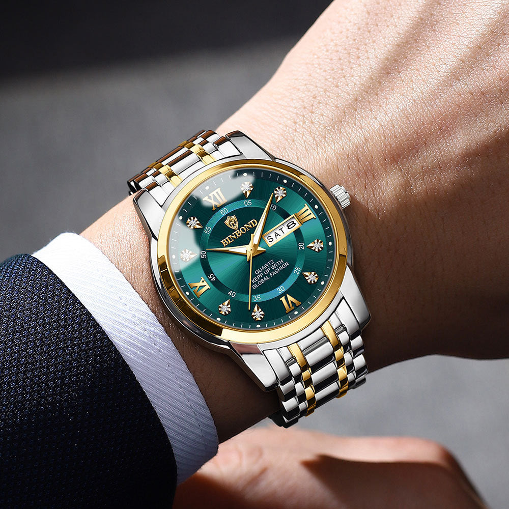 Quartz movement genuine waterproof luminous business fashion dual calendar with diamond studded steel strip butterfly buckle men's watch