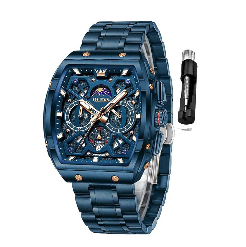 OLEVS Men Watches Business Dress Chronograph Big Square Quartz Analog Male Watch Silicone Strap Waterproof Date Gift Mens Wrsit Watch Silver