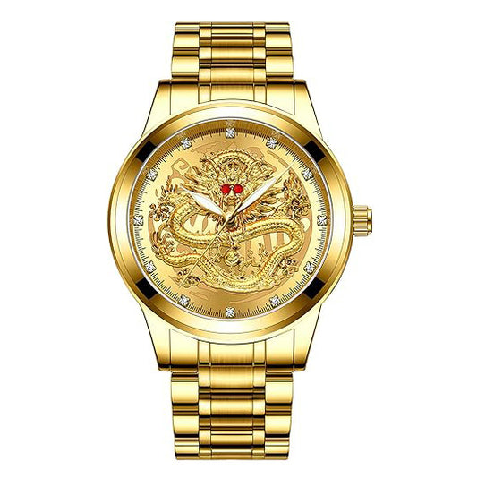 Avaner Men's Stainless Steel Wristwatch Engraved Dragon Dial Analog Quartz Watches with Luminous Hands