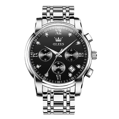 OLEVS Men's Stainless Steel Chronograph Watch, Big Face Gold Silver Black Tone Easy to Read Analog Quartz Watch, Luxury Waterproof Date Diamond Roman Arabic Numerals Dial Dress Watch for Men