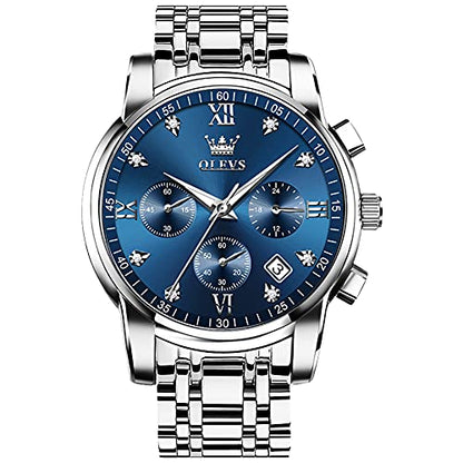 OLEVS Men's Stainless Steel Chronograph Watch, Big Face Gold Silver Black Tone Easy to Read Analog Quartz Watch, Luxury Waterproof Date Diamond Roman Arabic Numerals Dial Dress Watch for Men