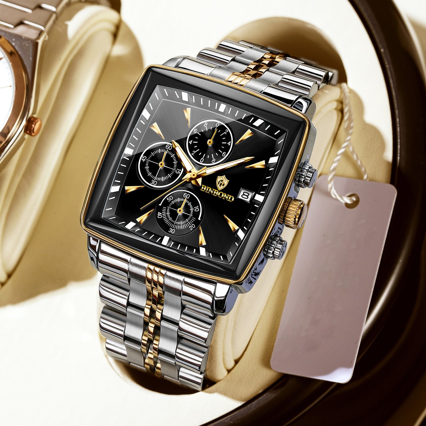 Square Watches for Men Blue Stainless Steel Chronograph Fashion Business Watch Luminous Waterproof Casual Wrist Watches