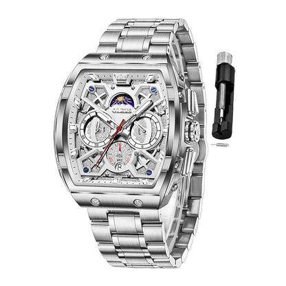 OLEVS Men Watches Business Dress Chronograph Big Square Quartz Analog Male Watch Silicone Strap Waterproof Date Gift Mens Wrsit Watch Silver