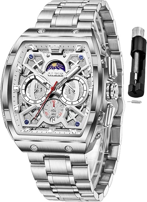 OLEVS Men Watches Business Dress Chronograph Big Square Quartz Analog Male Watch Silicone Strap Waterproof Date Gift Mens Wrsit Watch Silver