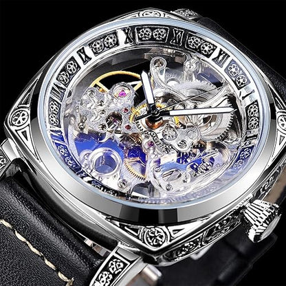 Square Luxury Retro Mechanical Watch for Men, Gorgeous Hollow Skeleton Self-Wind Carved Automatic Watches Vintage Leather Strap Wristwatch Silver Dail Black Strap
