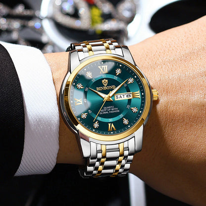 Quartz movement genuine waterproof luminous business fashion dual calendar with diamond studded steel strip butterfly buckle men's watch
