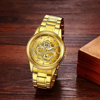 Avaner Men's Stainless Steel Wristwatch Engraved Dragon Dial Analog Quartz Watches with Luminous Hands