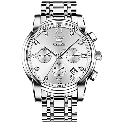 OLEVS Men's Stainless Steel Chronograph Watch, Big Face Gold Silver Black Tone Easy to Read Analog Quartz Watch, Luxury Waterproof Date Diamond Roman Arabic Numerals Dial Dress Watch for Men