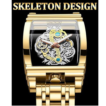 Men's Luxury Hollow Skeleton Watch Retro Gorgeous Gear Carving Design Rectangle Tonneau Large Dial Leather Belt & Stainless Steel Band Quartz Wristwatch Not Mechanical Watches