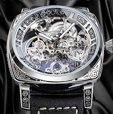 Square Luxury Retro Mechanical Watch for Men, Gorgeous Hollow Skeleton Self-Wind Carved Automatic Watches Vintage Leather Strap Wristwatch Silver Dail Black Strap