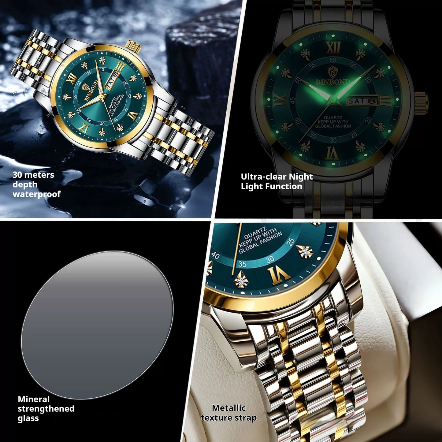 Quartz movement genuine waterproof luminous business fashion dual calendar with diamond studded steel strip butterfly buckle men's watch