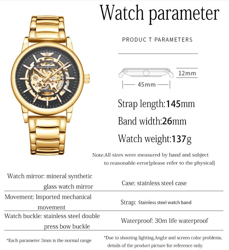 Gold Stainless Steel Waterproof Luxury Wristwatch