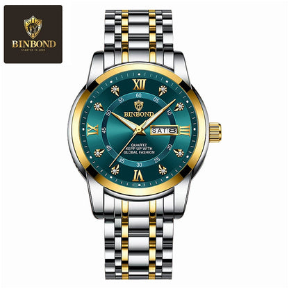 Quartz movement genuine waterproof luminous business fashion dual calendar with diamond studded steel strip butterfly buckle men's watch