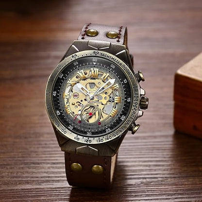 JewelryWe Automatic Watches for Men: 36-Hour Power Reserve Self-Winding Mechanical Roman Numeral Skeleton Vintage Genuine Leather Strap 3ATM Waterproof Wristwatch for Valentine's Day