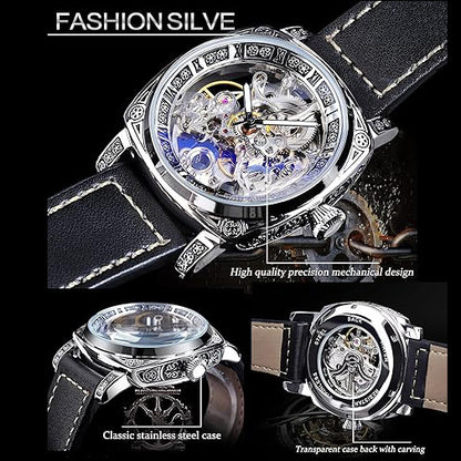 Square Luxury Retro Mechanical Watch for Men, Gorgeous Hollow Skeleton Self-Wind Carved Automatic Watches Vintage Leather Strap Wristwatch Silver Dail Black Strap