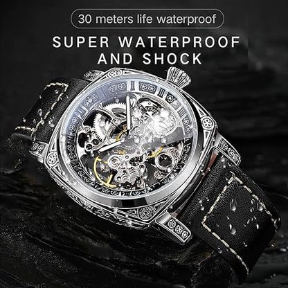 Square Luxury Retro Mechanical Watch for Men, Gorgeous Hollow Skeleton Self-Wind Carved Automatic Watches Vintage Leather Strap Wristwatch Silver Dail Black Strap