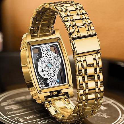 Men's Luxury Hollow Skeleton Watch Retro Gorgeous Gear Carving Design Rectangle Tonneau Large Dial Leather Belt & Stainless Steel Band Quartz Wristwatch Not Mechanical Watches