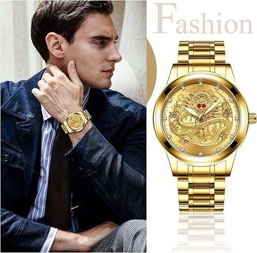 Avaner Men's Stainless Steel Wristwatch Engraved Dragon Dial Analog Quartz Watches with Luminous Hands