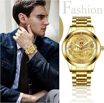 Avaner Men's Stainless Steel Wristwatch Engraved Dragon Dial Analog Quartz Watches with Luminous Hands