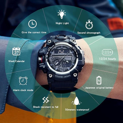 Men's Watches Sports Outdoor Waterproof Military Watch Date Multi Function Tactics LED Face Alarm Stopwatch for Men 3133