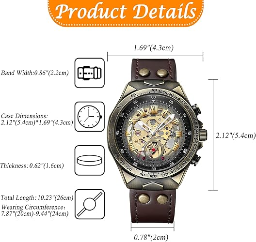 JewelryWe Automatic Watches for Men: 36-Hour Power Reserve Self-Winding Mechanical Roman Numeral Skeleton Vintage Genuine Leather Strap 3ATM Waterproof Wristwatch for Valentine's Day