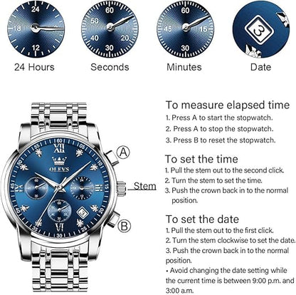 OLEVS Men's Stainless Steel Chronograph Watch, Big Face Gold Silver Black Tone Easy to Read Analog Quartz Watch, Luxury Waterproof Date Diamond Roman Arabic Numerals Dial Dress Watch for Men