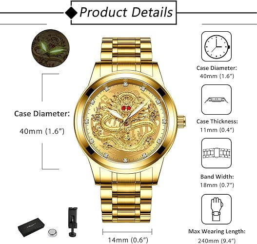 Avaner Men's Stainless Steel Wristwatch Engraved Dragon Dial Analog Quartz Watches with Luminous Hands
