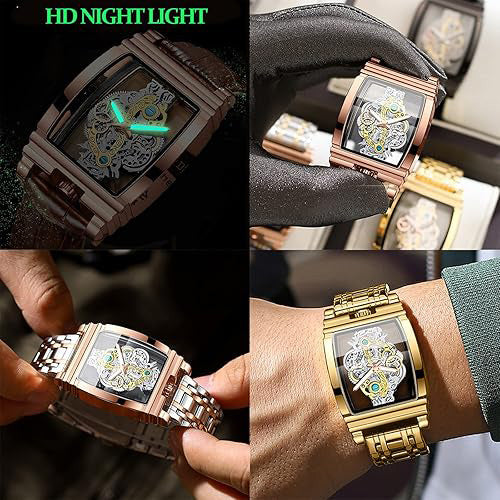 Men's Luxury Hollow Skeleton Watch Retro Gorgeous Gear Carving Design Rectangle Tonneau Large Dial Leather Belt & Stainless Steel Band Quartz Wristwatch Not Mechanical Watches