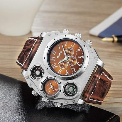 Men's Leather Wrist Watches: Big Face Dual Time Zone Oversized Large Dial Leather Strap Analog Quartz Watch