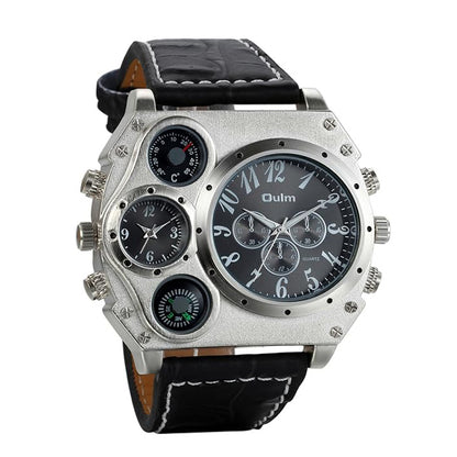 Men's Leather Wrist Watches: Big Face Dual Time Zone Oversized Large Dial Leather Strap Analog Quartz Watch