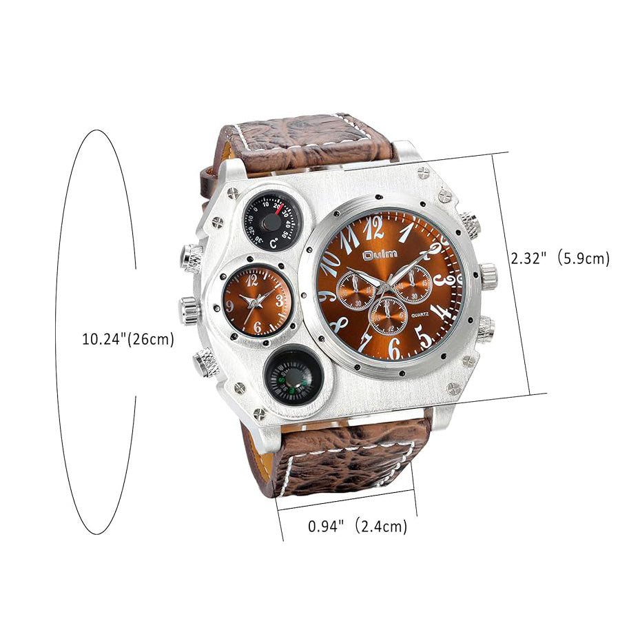 Men's Leather Wrist Watches: Big Face Dual Time Zone Oversized Large Dial Leather Strap Analog Quartz Watch