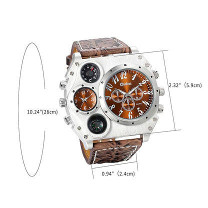 Men's Leather Wrist Watches: Big Face Dual Time Zone Oversized Large Dial Leather Strap Analog Quartz Watch