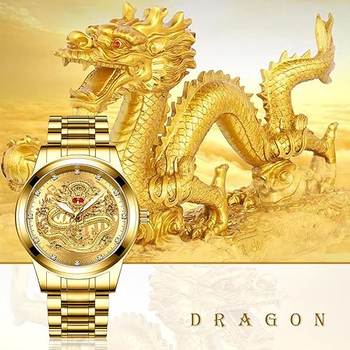 Avaner Men's Stainless Steel Wristwatch Engraved Dragon Dial Analog Quartz Watches with Luminous Hands