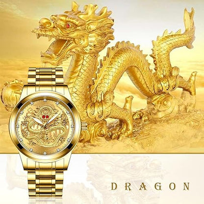 Avaner Men's Stainless Steel Wristwatch Engraved Dragon Dial Analog Quartz Watches with Luminous Hands