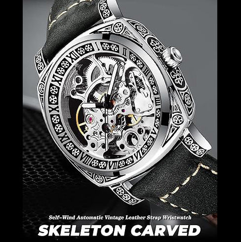 Square Luxury Retro Mechanical Watch for Men, Gorgeous Hollow Skeleton Self-Wind Carved Automatic Watches Vintage Leather Strap Wristwatch Silver Dail Black Strap