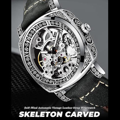 Square Luxury Retro Mechanical Watch for Men, Gorgeous Hollow Skeleton Self-Wind Carved Automatic Watches Vintage Leather Strap Wristwatch Silver Dail Black Strap