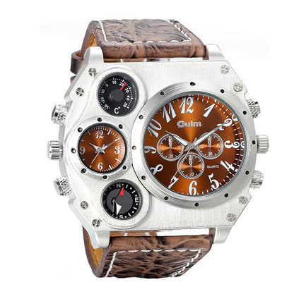 Men's Leather Wrist Watches: Big Face Dual Time Zone Oversized Large Dial Leather Strap Analog Quartz Watch