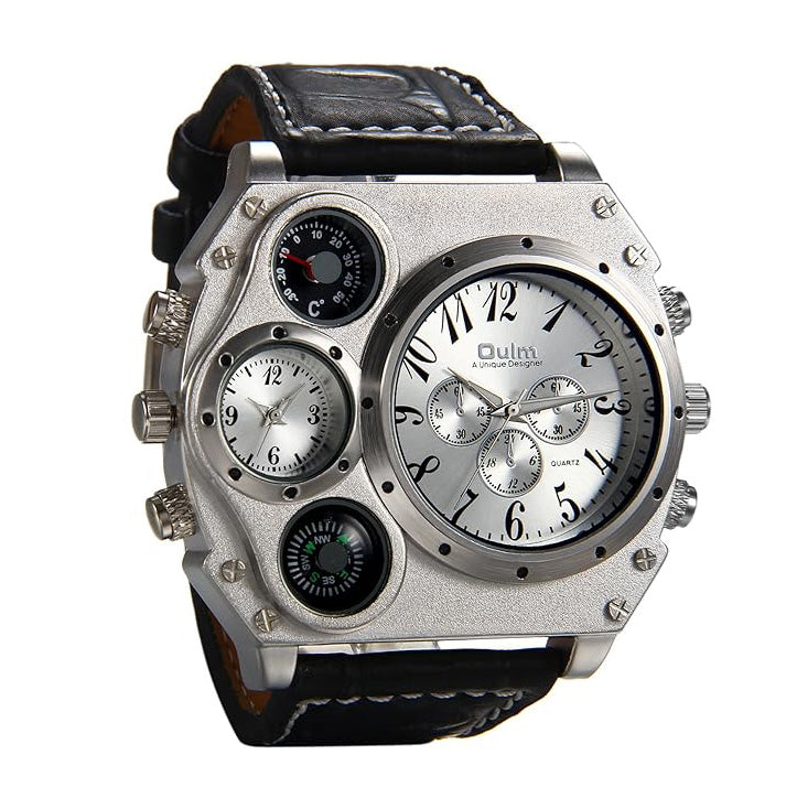 Men's Leather Wrist Watches: Big Face Dual Time Zone Oversized Large Dial Leather Strap Analog Quartz Watch