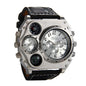 Men's Leather Wrist Watches: Big Face Dual Time Zone Oversized Large Dial Leather Strap Analog Quartz Watch