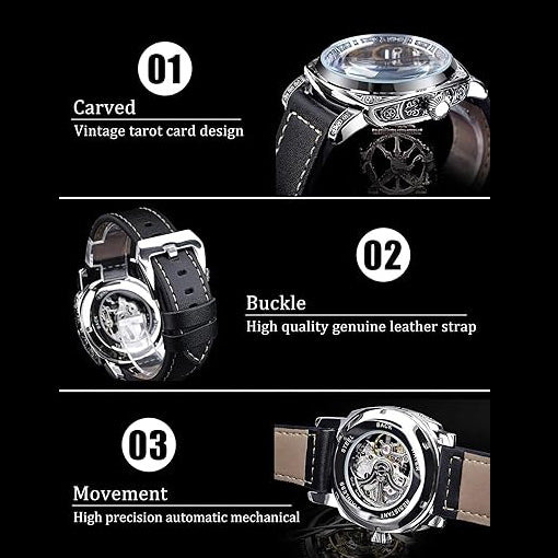 Square Luxury Retro Mechanical Watch for Men, Gorgeous Hollow Skeleton Self-Wind Carved Automatic Watches Vintage Leather Strap Wristwatch Silver Dail Black Strap