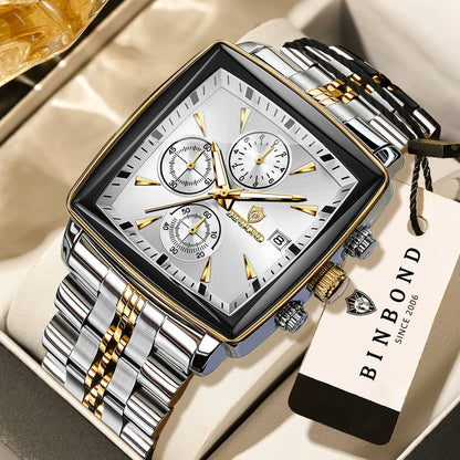 Square Watches for Men Blue Stainless Steel Chronograph Fashion Business Watch Luminous Waterproof Casual Wrist Watches