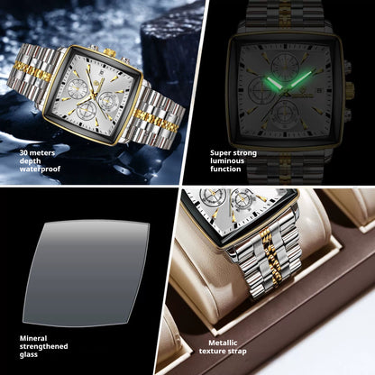 Square Watches for Men Blue Stainless Steel Chronograph Fashion Business Watch Luminous Waterproof Casual Wrist Watches