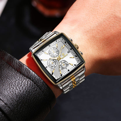 Square Watches for Men Blue Stainless Steel Chronograph Fashion Business Watch Luminous Waterproof Casual Wrist Watches