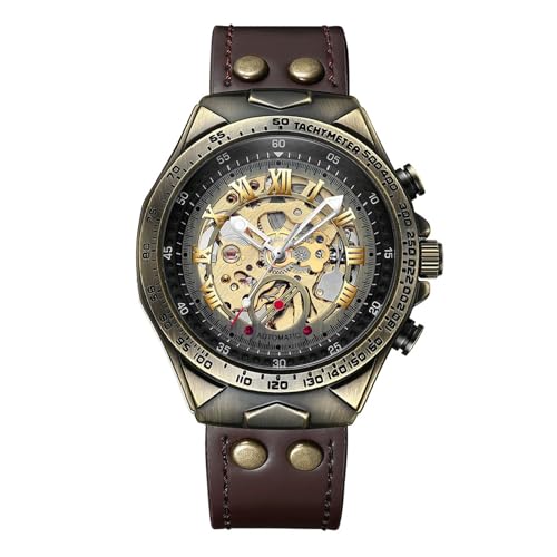 JewelryWe Automatic Watches for Men: 36-Hour Power Reserve Self-Winding Mechanical Roman Numeral Skeleton Vintage Genuine Leather Strap 3ATM Waterproof Wristwatch for Valentine's Day