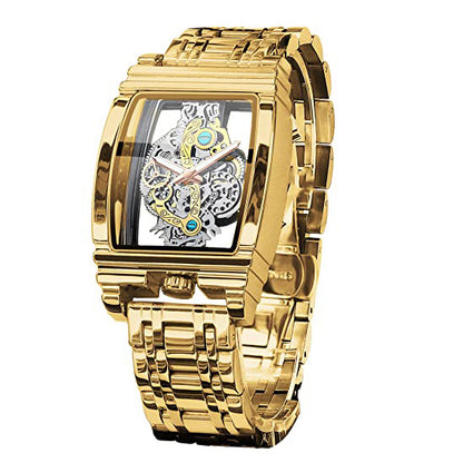 Men's Luxury Hollow Skeleton Watch Retro Gorgeous Gear Carving Design Rectangle Tonneau Large Dial Leather Belt & Stainless Steel Band Quartz Wristwatch Not Mechanical Watches