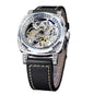 Square Luxury Retro Mechanical Watch for Men, Gorgeous Hollow Skeleton Self-Wind Carved Automatic Watches Vintage Leather Strap Wristwatch Silver Dail Black Strap