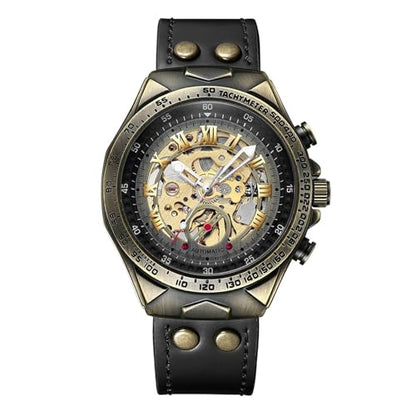JewelryWe Automatic Watches for Men: 36-Hour Power Reserve Self-Winding Mechanical Roman Numeral Skeleton Vintage Genuine Leather Strap 3ATM Waterproof Wristwatch for Valentine's Day