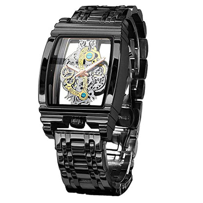 Men's Luxury Hollow Skeleton Watch Retro Gorgeous Gear Carving Design Rectangle Tonneau Large Dial Leather Belt & Stainless Steel Band Quartz Wristwatch Not Mechanical Watches